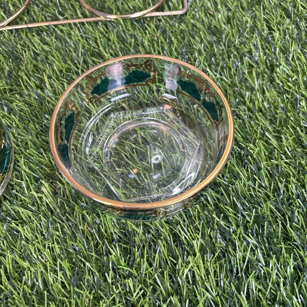 Vintage Gold Green Glass Bowls w/ Brass Tone‎ Caddy Wood Handle MCM Style Set